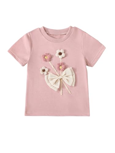 OYOANGLE Girl's 3D Flower Bow Knot Short Sleeve Round Neck T Shirt Soft Breathable Casual Tee Shirts
