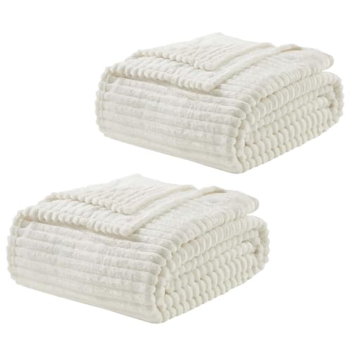 Image of Nestl White Throw Blanket for Couch - Cozy Warm Fuzzy Blankets for Women, Set of 2 Small Fleece Throws for Girls - Off White, 50 x 60 Inches