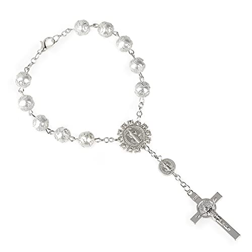 Max-Tonsen Croix Catholique Chapelet Bracelet Une Décennie Auto Chapelet Perles Catholique Bracelet Saint Benoît Crucifix Divine Miséricorde Cadeau pour Femmes Hommes-Argent Cover