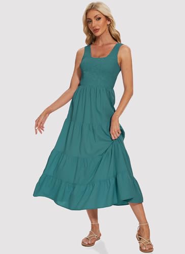 Image of Women's Summer Smocked Maxi Dresses Sleeveless U Neck Ruffle Hem Tiered A Line Flowy Dress