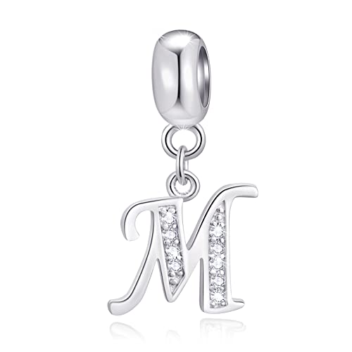Initiale M Pendentif Charm, lettre M Charms Fit bracelet de fête des mères pandora, perles de l'alphabet cz pendantes en argent sterling 925, cadeau pour...
