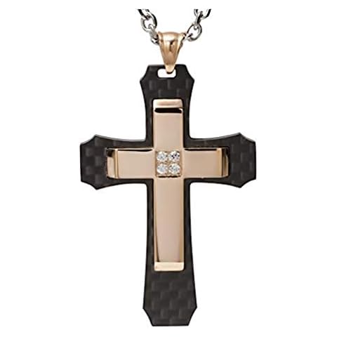 TwoBirch Carbon Fiber Dog Tag Cross with 18k Rose Gold Plated Metal and CZ Center on 24" Cable Chain Cover
