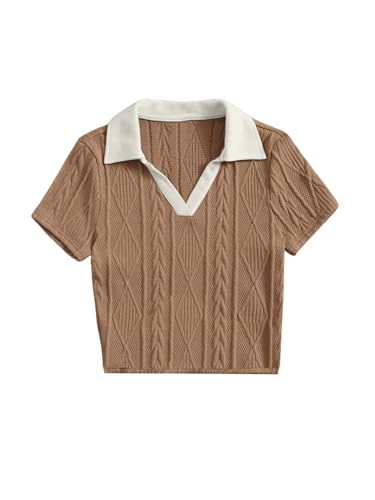 Milumia Girl's Contrast Collared V Neck Short Sleeve Knitted Tee T Shirts