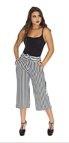 Calça Pantacourt Pantalona Listrada Ou Preta Lisa. (Branco com Preto, G)