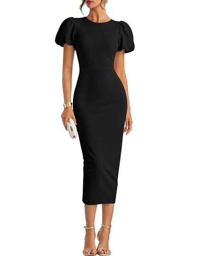 ZESICA Women's Summer Short Sleeve Bodycon Midi Dress 2026 Spring Elegant Formal Wedding Guest Cocktail Party Dresses Black Medium