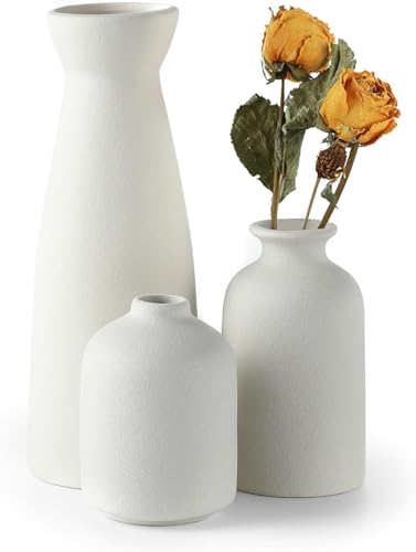 Sawoake Juego de 3 jarrones de cerámica Negros pequeños para decoración, Moderno rústico casa de Campo decoración para el hogar, jarrones Decorativos para Pampas Hierba Idea Estante (Blanco)