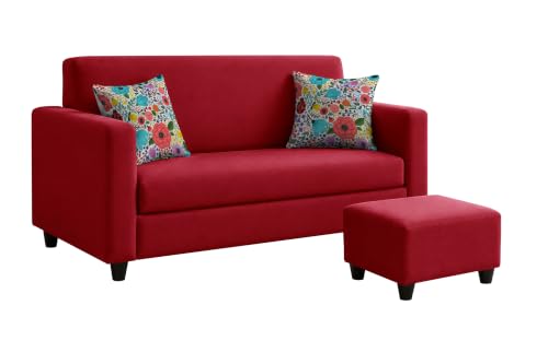 Image of Rosebell 2 Seater Sofa with Ottoman | Living Room Couch | with Printed Cushions | Sofa for Home, Apartment & Office-Red Color