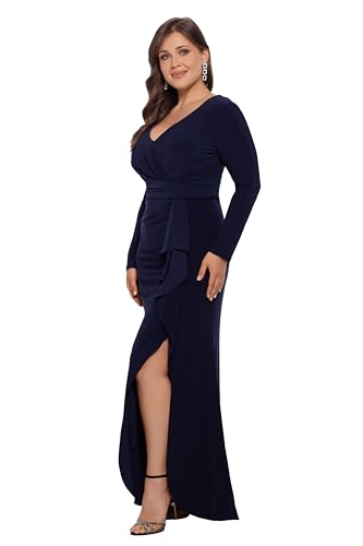 Image of Betsy & Adam Women's Long Sleeve V-Neck Jersey Knit Formal Evening Gown with Side Slit and Cascading Ruffle Detail
