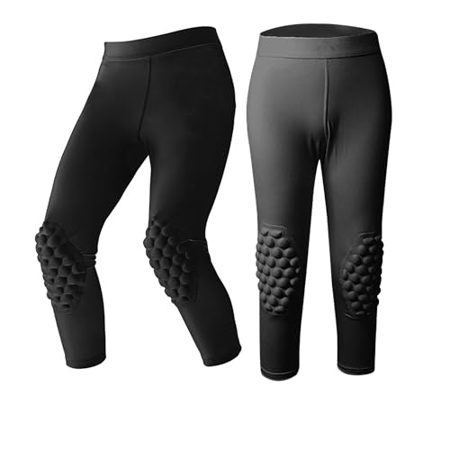 RenDiuJups Pantaloni a Compressione 3/4 for Ragazzi con Ginocchiere e Protezioni Taibone, Leggings da Basket, da Calcio e da Calcio, Sportivi(Black,YS)