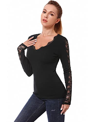 AmélieBoutik Women V Neck Floral Lace Trim Inset Long Sleeve Blouse Top
