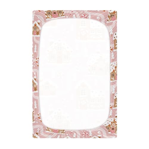 Image of Fitted Crib Sheets Gingerbread House Christmas Tree Pink Stretchy Portable Playard Sheets for Baby Toddler, Breathable Soft Mini Crib Mattress 39 x 27 in for Boys and Girls
