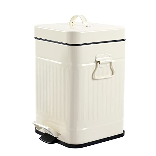 Image of Bathroom Trash Can with Lid, Small Garbage Bin for Home Bedroom, Retro Step Wastebasket with Soft Close, Vintage Metal Office Trash Can, 5 Liter / 1.3 Gallon, Ivory White