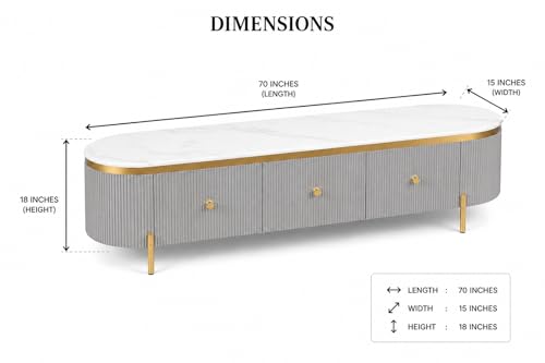 Image of Mazzo White Marble TV Unit Console | 70 inchx15 inchx18 inch | Golden Legs & Charcoal Louvers | Storage Drawers | Modern TV Stand Console Unit White Marble Top with Gold Accents, Storage (Gray)