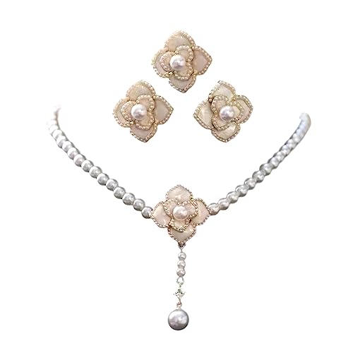 Dishowme Collier de perles Boucles d'oreilles Collier pendentif fleur de camélia en cristal Bijoux Vintage en fausses perles pour femmes filles (Blanc A)