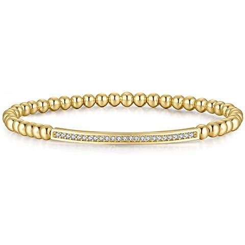 NUZON Gold Beaded Stretch Bracelets for Women 18K Gold Plated 4mm Round Ball Cubic Zirconia Curved Bar Elastic Bracelet Handmade Minimalist Jewelry Cover