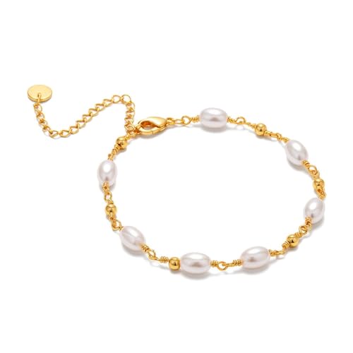 ZGDYi 14K Perlas Elegantes Pulsera Dorada Chapada Muj Ajustable – Pulsera Mujer Oro con, Joyas de Mujer Doradas para Cumpleaños, Aniversario, San Valentín o Regalo para Madre, Novia, Amiga o Esposa