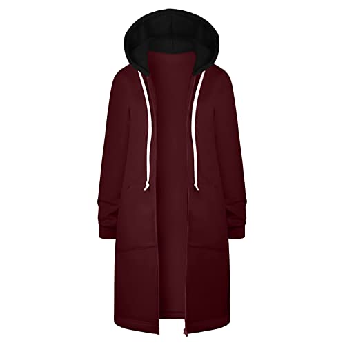 Keepink Langer Kapuzenpullover für Damen, 2024, übergroße Langarm-Jacken, lässig, Reißverschluss, Kordelzug, Fleece, Sweatshirt, Kapuzenjacke, Wintermäntel, leichte Herbstkleidung, Größe 36-50, 6 x