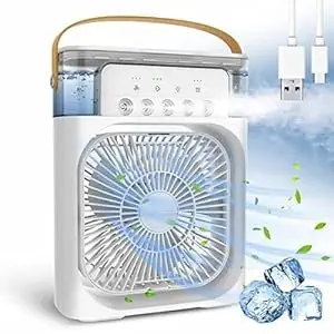 Portable USB Air Cooler Fan with 3 Speed Mode with Humidifier Water Spray, 7 Color LED for Home, Office, Travel, (White)