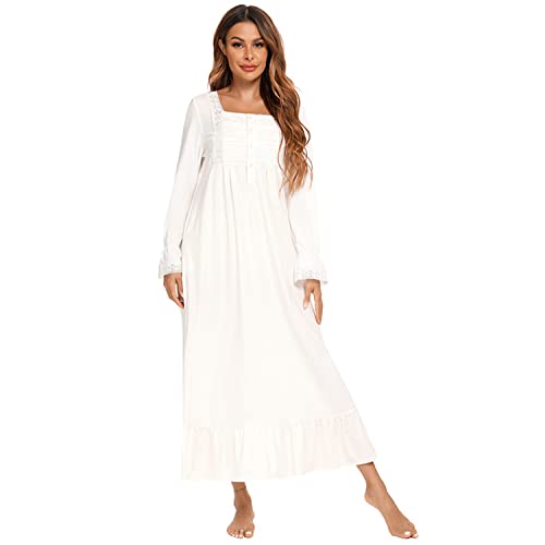 Damen Nachthemd Vintage Viktorianisch Langarm Baumwolle Nachthemd Pyjama Kleid Leicht Weich Homewear Kleid, weiß 2, 46
