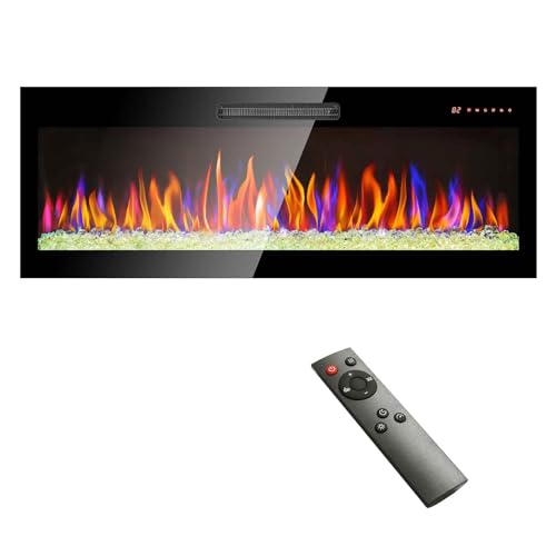 SPOFLYINN 50 Inch Recessed Electric Fireplace with Remote Control 11 Temperature Settings Wall Mounted Ultra-Thin Multifunctional Fireplace Heater Black