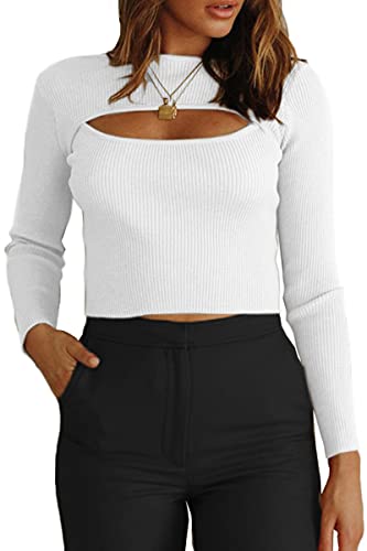 CHYRII Women's Cutout Long Sleeve Knitted Ribbed Pullover Sweater Jumper Tops