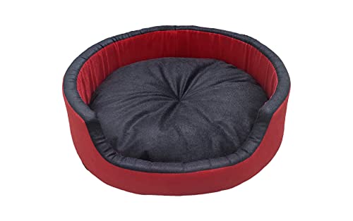 Image of Large Size Dog and Cat Bed Round Shape Export Quality Ultrasoft Micro Fiber Filling for Extra Comfert Dual Color Red-Black Machine Washable Anti Skid Base Pet Bed