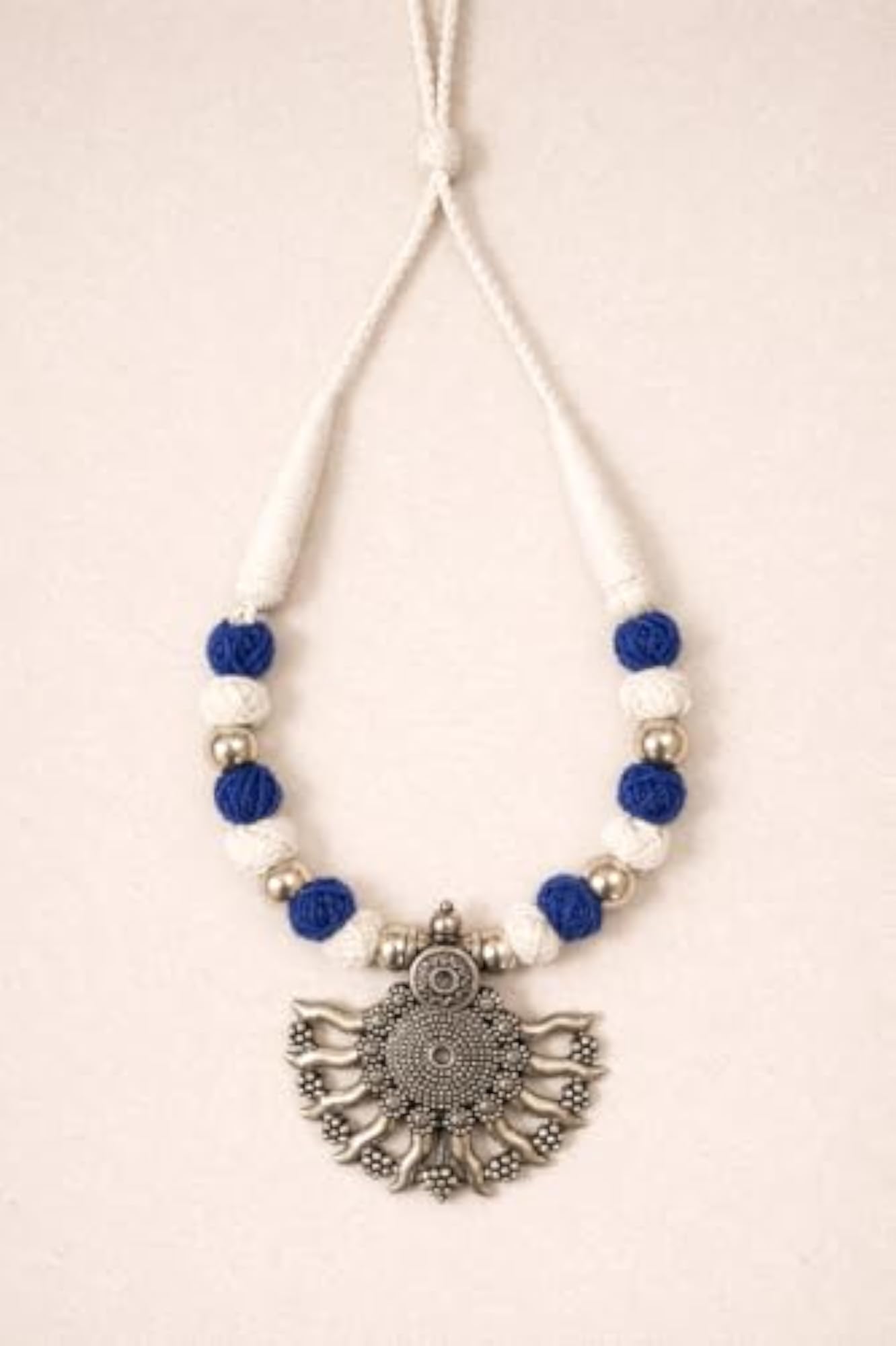 Blue & White Beaded Silver Oxidised Sun Pendant Necklace Set