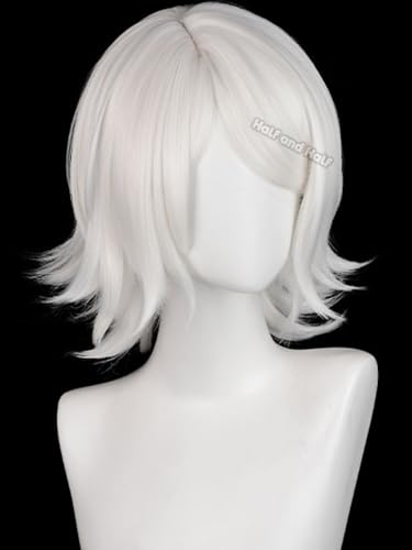 Image of Half and Half Short White Anime Wig for Juuzou Cosplay Male Silver White Layered Wig with Side Part Bangs for Women Men Unisex Halloween Party
