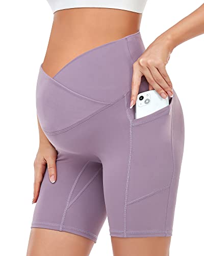 HOFISH Damen Umstands-Yoga-Shorts über dem Bauch Sommer Workout Laufen Aktiv Kurze Hose mit Taschen, Kreuz-Taille, 20,3 cm: Violett, Mittel Cover