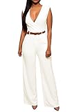 Minetom Damen Sexy Karriere V-Ausschnitt Ärmellos Jumpsuit Playsuit Hohe Taille Breite Beinhosen Spielanzug Mit Taillenband Weiß DE 38