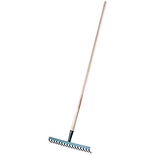 Foto von KADAX Rechen aus Metall, Flache Harke mit Stiel aus Holz, Laubbesen für Garten, Beet, Laubrechen, Rasenrechen, grün, Gartengerät, Heurechen, Gartenwerkzeug, Gartenharke (16 Zinken)