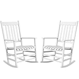 Outsunny Outdoor Rocking Chair Set of 2, Patio Rocking Chair with Smooth Curves, High Density Wooden Rockers for Lawn Garden Porch, Supports Up to 350lbs, White