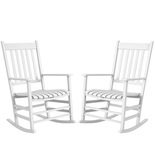 Outsunny Outdoor Rocking Chair Set of 2, Patio Rocking Chair with Smooth Curves, High Density Wooden Rockers for Lawn Garden Porch, Supports Up to 350lbs, White