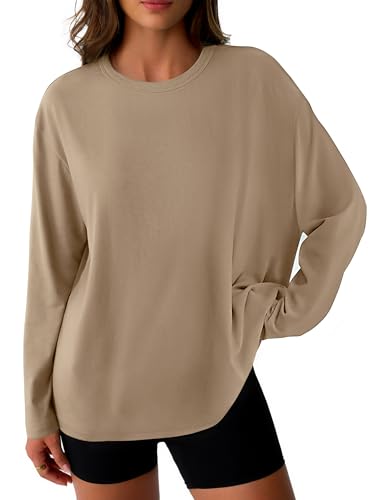 GKBK Womens Oversized Long Sleeve Shirts Crew Neck Loose Fitted T-Shirts Casual Workout Y2K Fall Clothes 2025 Khaki L