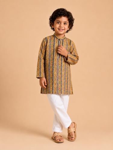 Image of The Mom Store Boys Printed Cotton Kurta Pajama Set With Jacket | Soft And Comfortable Ethnic Wear For Baby /Kids Boys | Full Sleeves Kurta Pyjama Set | Traditional Indian Outfit