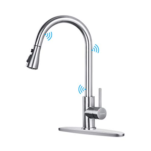 MUKSIRON Touch Kitchen Faucets with Pull Down Sprayer,Single Handle Smart Touch On Kitchen Sink Faucets with Pull Out Sprayer, Stainless Steel Touch Activated Faucets with Deck Plate - Silver