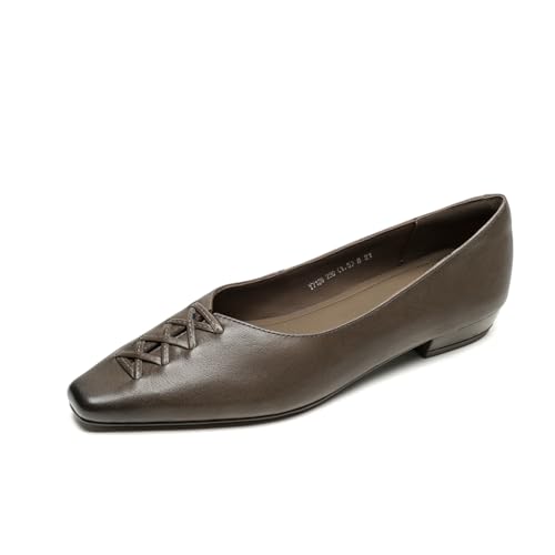 TinaCus Genuine Leather Women's Square Toe Handmade Flats Office Lady