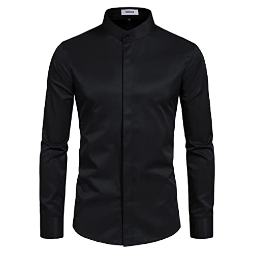 Men’s Banded Collar(Mandarin Collar) Long Sleeve Casual Solid Fancy Dress Shirts
