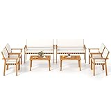 Tangkula 8 Pieces Wood Patio Furniture Set, Outdoor Acacia Wood Cuhioned Conversation Set with Coffee Table, for Backyard,Porch,Garden,Lawn