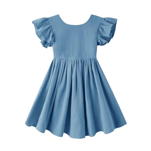 Adorable Ruffle Sleeve Girls' Dress Casual Summer Round Neck Swing Twirly Sundress