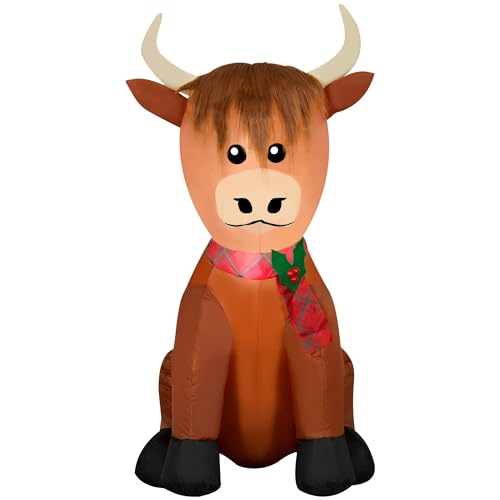 Christmas Inflatable Scottish Highlander Cow in Santa Hat 3.5 Foot Indoor Outdoor Blow up - Includes Bonus Repair Patches