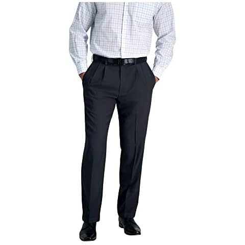Haggar Men's Eclo Stria Expandable-waist Pleat-front dress pants, Charcoal, 36W 32L UK Cover