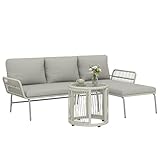 Outsunny Polyrattan Gartenmöbel Set 3-teilig, Lounge Set mit Chaiselongue Zweisitzersofa Glastisch abnehmbar Kissen, Rattan Sitzgruppe bis 3 Personen, Lounge Möbel für Garten Terrasse Balkon Hellgrau