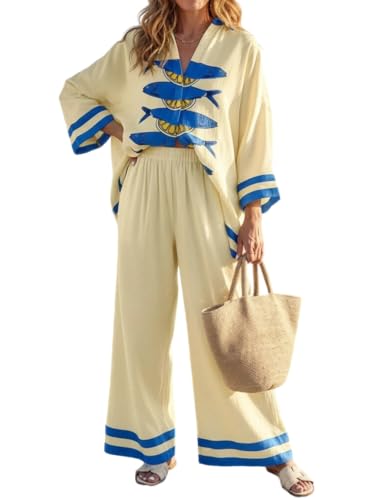 BAIREG Women's Summer 2 Piece Lounge Set Sea Print Button