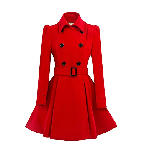 ForeMode Women Swing Double Breasted Wool Pea Coat with Belt Buckle Spring Mid-Long Long Sleeve Lapel Dresses Outwear (Medium, Red5)
