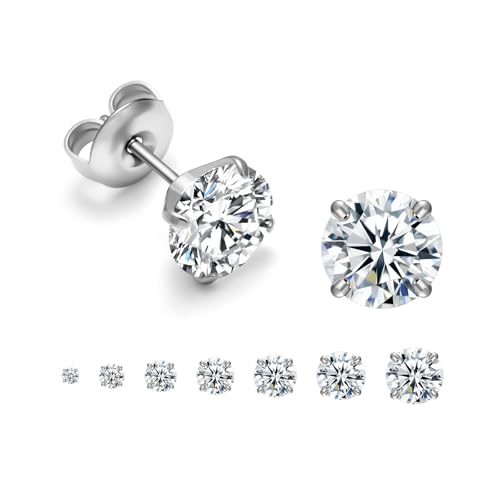 7 Pairs Stud Earrings Set, Hypoallergenic surgical steel Cubic Zirconia Earrings CZ Earrings 2-8mm