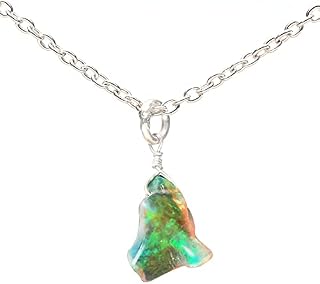 Gempires Natural Raw Ethopian Opal Nugget Crystals Pendant Necklace, Handmade Jewelry, 15-25 mm Raw Stone, 16 + 2 Inch Adjustable Silver Plated Chain (Ethopian Opal)