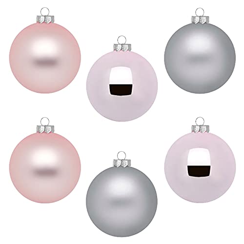 IngeGlas 6 große Christbaumkugeln aus Glas - Durchmesser Ø 10,0 cm - Weihnachtskugeln für Tannenbaum - inkl. 100 Aufhänger (Soft Simplicity - Rosa/Grau matt & glänzend)