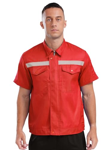 MSemis Giacca ad Alta Visibilità Uomo Donna Maniche Corte Maglie Catarifrangente con Cerniera T-Shirt Riflettente di Avvertimento Hi-Vis Maglietta Maglia di Sicurezza Rosso 170/L