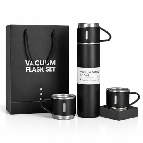 Image of 500ml Vacuum Insulated Stainless Steel Flask Set with 3 Cups Leakproof Double Wall Bottle for Tea Coffee Water Travel Office Gift Set Black